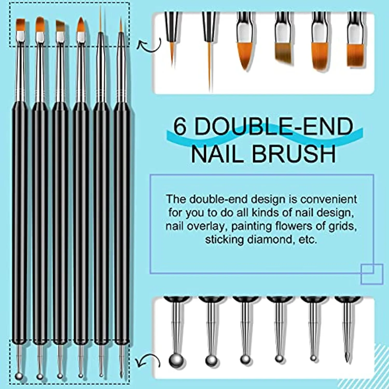 Saviland Nail Art Brush Set - 6pcs Double-End Nail Art Brushes Kit Professional Manicure Tools Kit with Painting Dotting Line Pen for Gel Polish Nail Designs Nail Carving French Nails