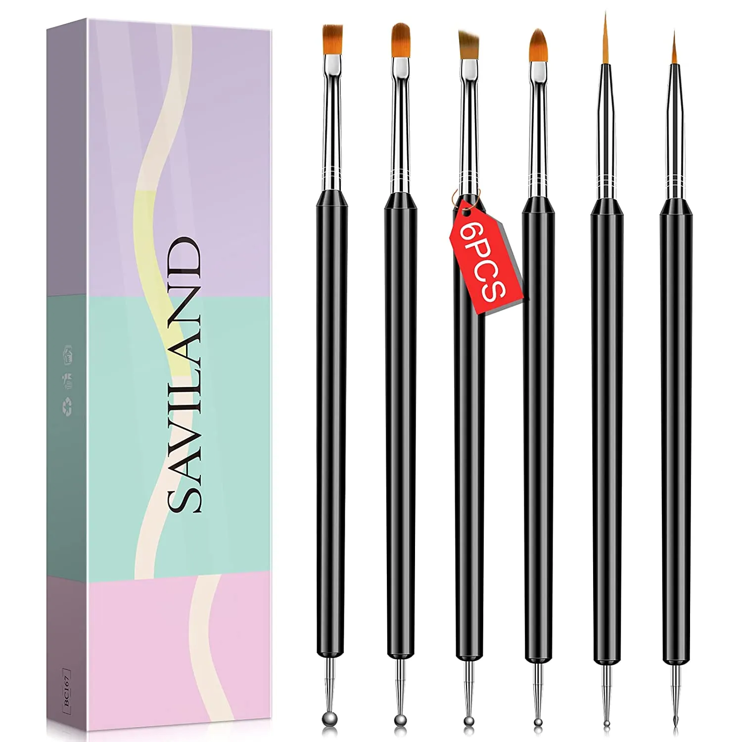 Saviland Nail Art Brush Set - 6pcs Double-End Nail Art Brushes Kit Professional Manicure Tools Kit with Painting Dotting Line Pen for Gel Polish Nail Designs Nail Carving French Nails