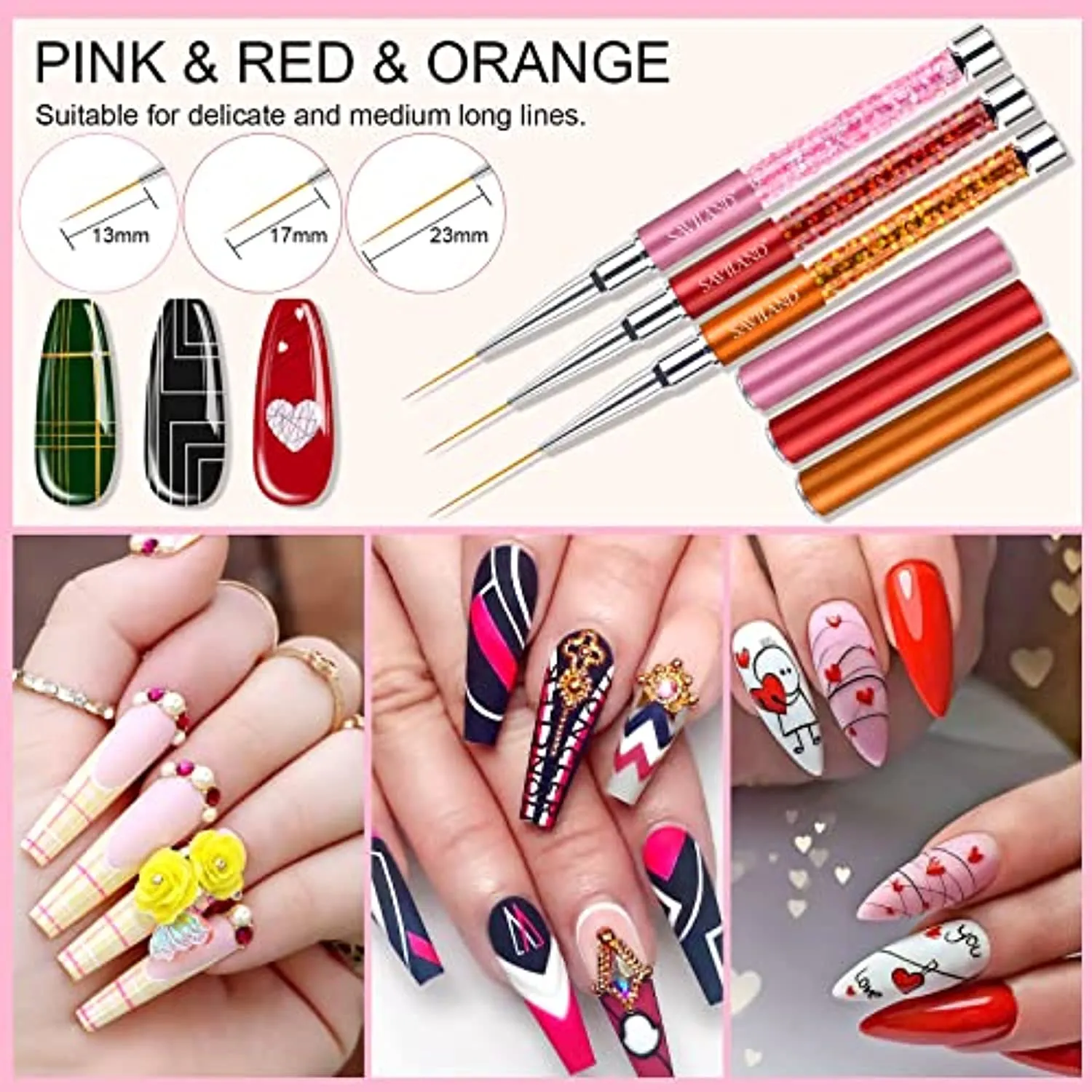 Saviland Nail Art Liner Brushes Set - 6pcs Nail Gel Polish Painting Nail Design Brush Pen Set with Crushed Diamond Rhinestone Handle for Pulling Lines, Nail Art Design, Sizes 7/9/11/13/17/23 mm