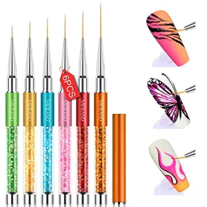 Saviland Nail Art Liner Brushes Set - 6pcs Nail Gel Polish Painting Nail Design Brush Pen Set with Crushed Diamond Rhinestone Handle for Pulling Lines, Nail Art Design, Sizes 7/9/11/13/17/23 mm