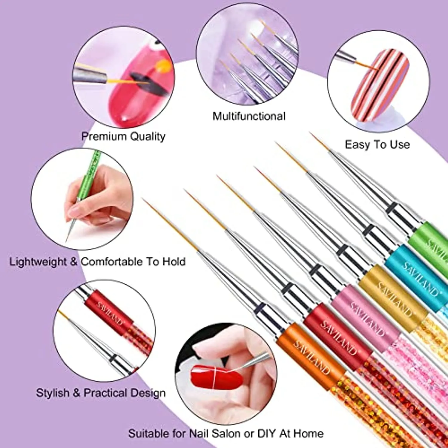Saviland Nail Art Liner Brushes Set - 6pcs Nail Gel Polish Painting Nail Design Brush Pen Set with Crushed Diamond Rhinestone Handle for Pulling Lines, Nail Art Design, Sizes 7/9/11/13/17/23 mm