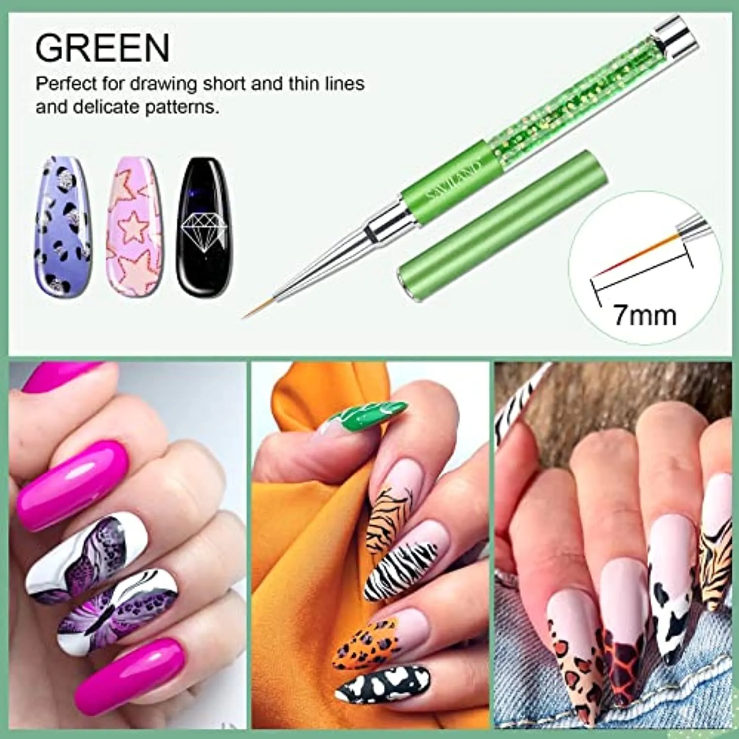 Saviland Nail Art Liner Brushes Set - 6pcs Nail Gel Polish Painting Nail Design Brush Pen Set with Crushed Diamond Rhinestone Handle for Pulling Lines, Nail Art Design, Sizes 7/9/11/13/17/23 mm
