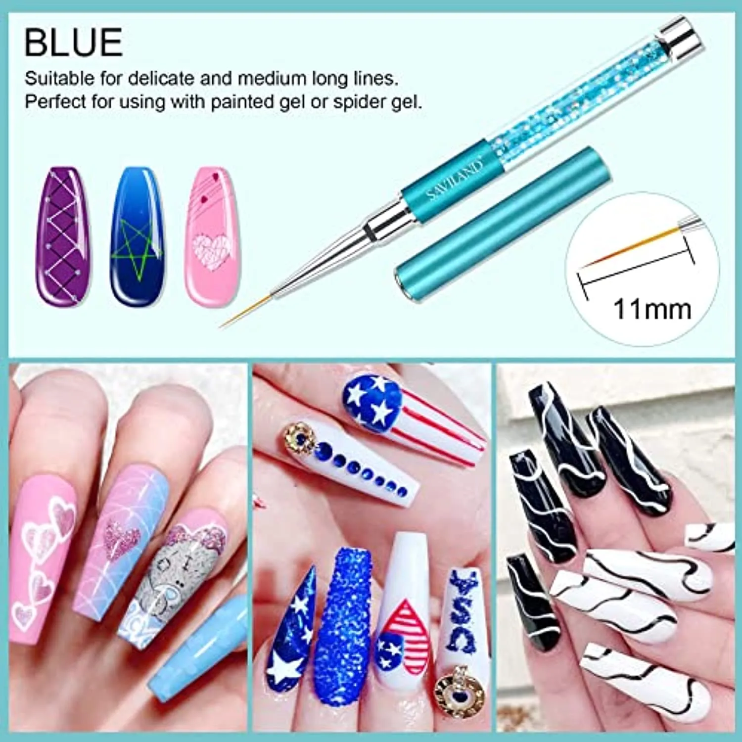 Saviland Nail Art Liner Brushes Set - 6pcs Nail Gel Polish Painting Nail Design Brush Pen Set with Crushed Diamond Rhinestone Handle for Pulling Lines, Nail Art Design, Sizes 7/9/11/13/17/23 mm