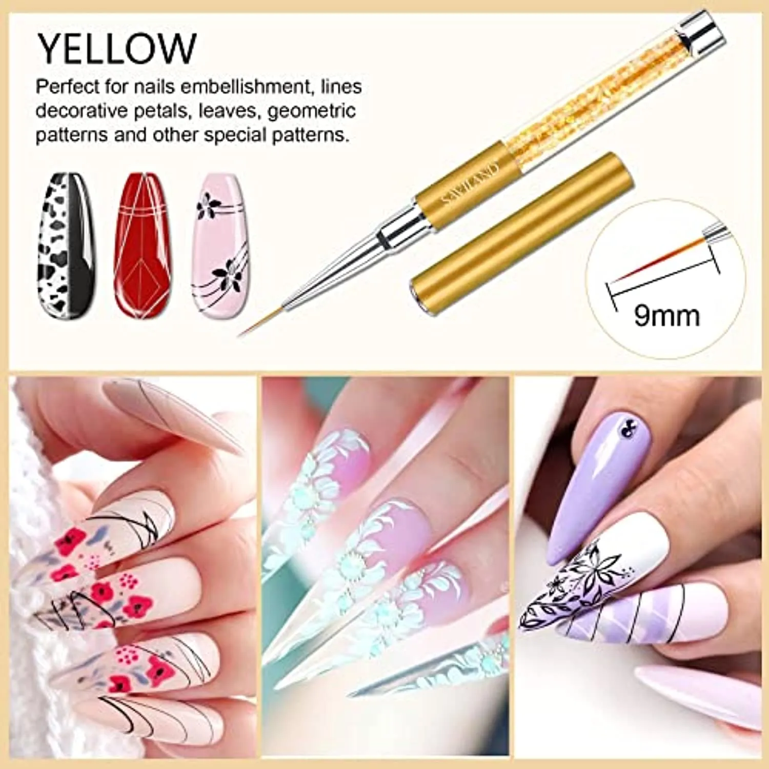Saviland Nail Art Liner Brushes Set - 6pcs Nail Gel Polish Painting Nail Design Brush Pen Set with Crushed Diamond Rhinestone Handle for Pulling Lines, Nail Art Design, Sizes 7/9/11/13/17/23 mm