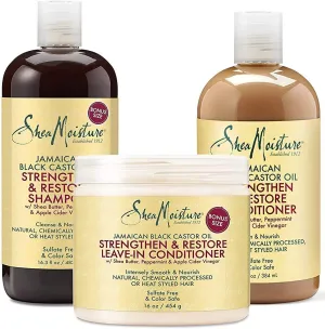 Shea Moisture Jamaican Black Castor Oil Combination Pack – Strengthen, Grow & Restore – Shampoo, 16.3 Oz, Conditioner 13 Oz. & Leave-In Conditioner 16 Oz