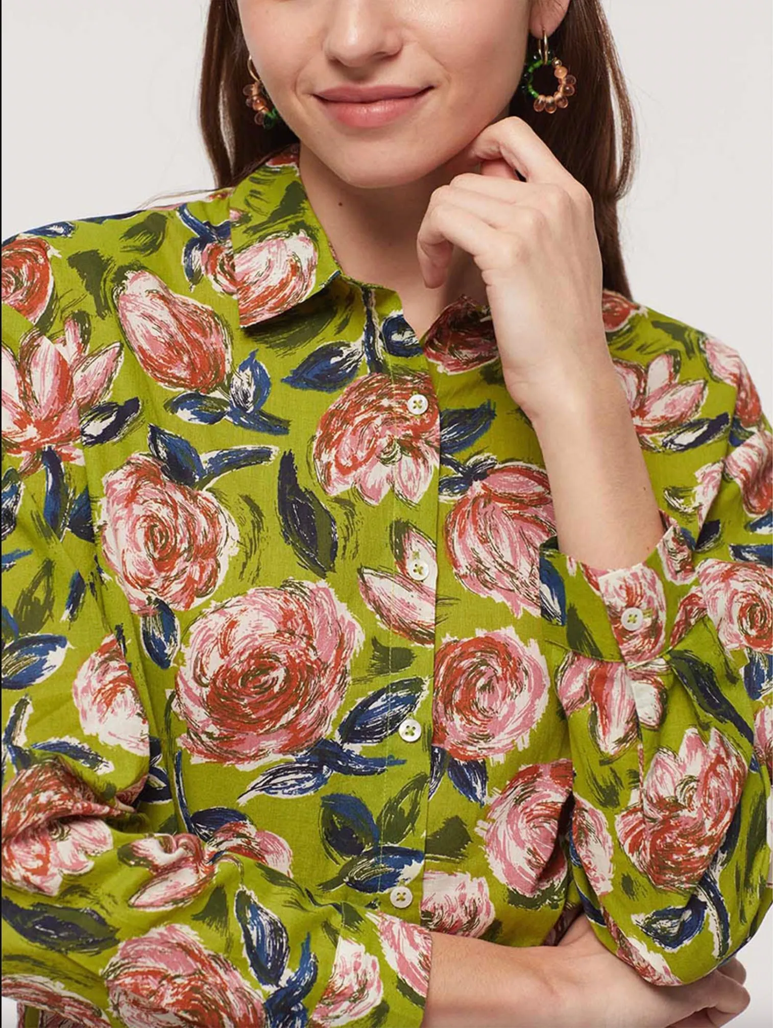Shirt LS Blurred Flowers Print Green
