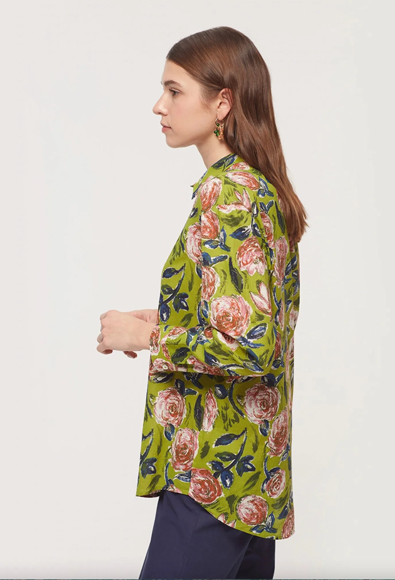 Shirt LS Blurred Flowers Print Green
