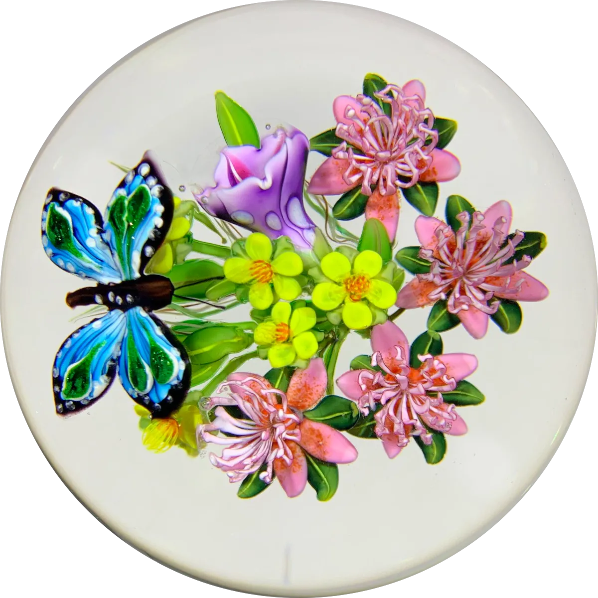 Signed Ken Rosenfeld Art Glass Paperweight 2018 Lampwork Hovering Butterfly w/ Flowers