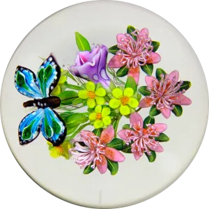 Signed Ken Rosenfeld Art Glass Paperweight 2018 Lampwork Hovering Butterfly w/ Flowers
