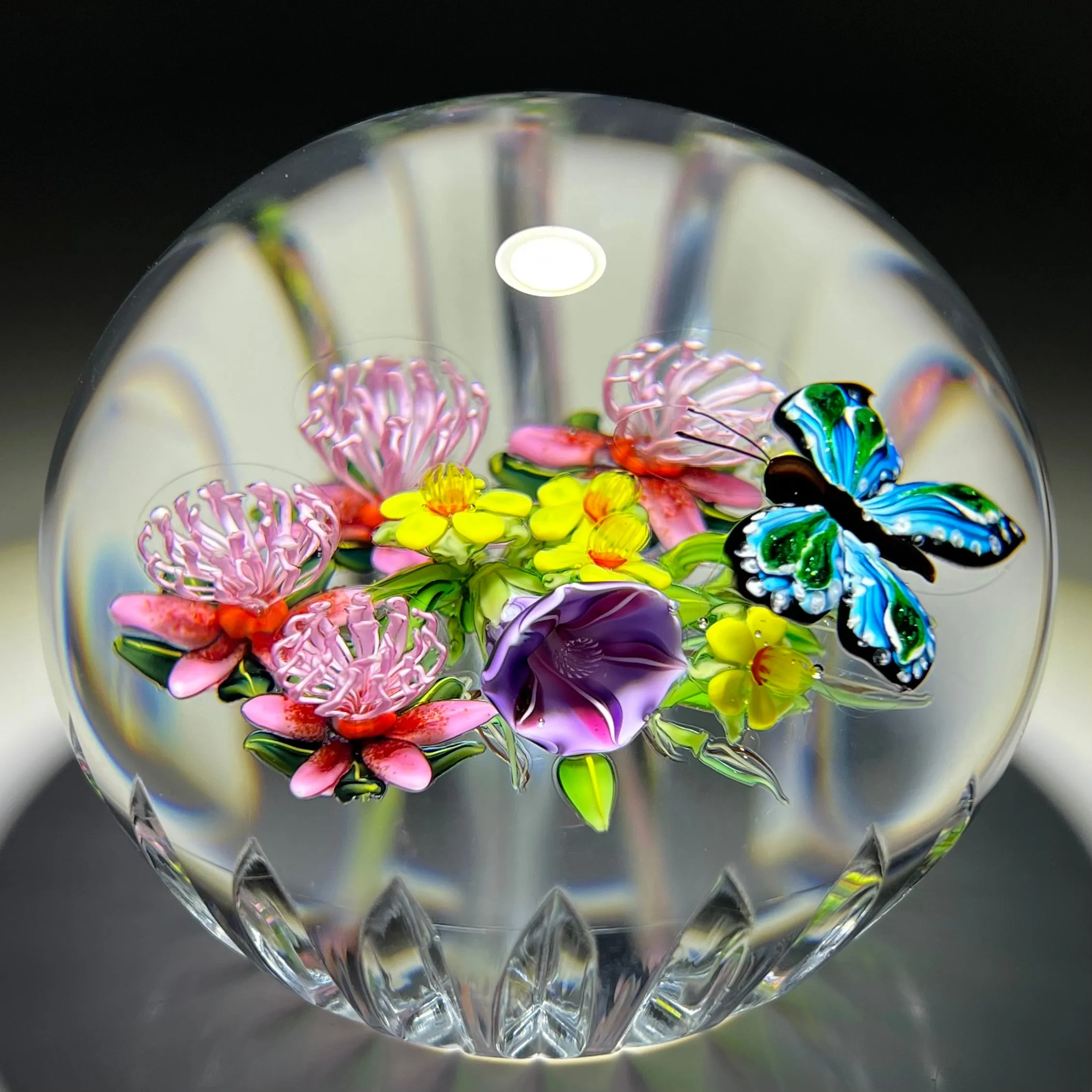 Signed Ken Rosenfeld Art Glass Paperweight 2018 Lampwork Hovering Butterfly w/ Flowers