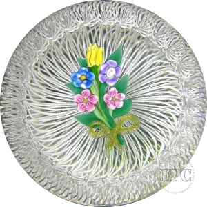 Signed Paul Ysart Glass Art Paperweight Colorful Flamework Flower Bouquet in Filigree Basket