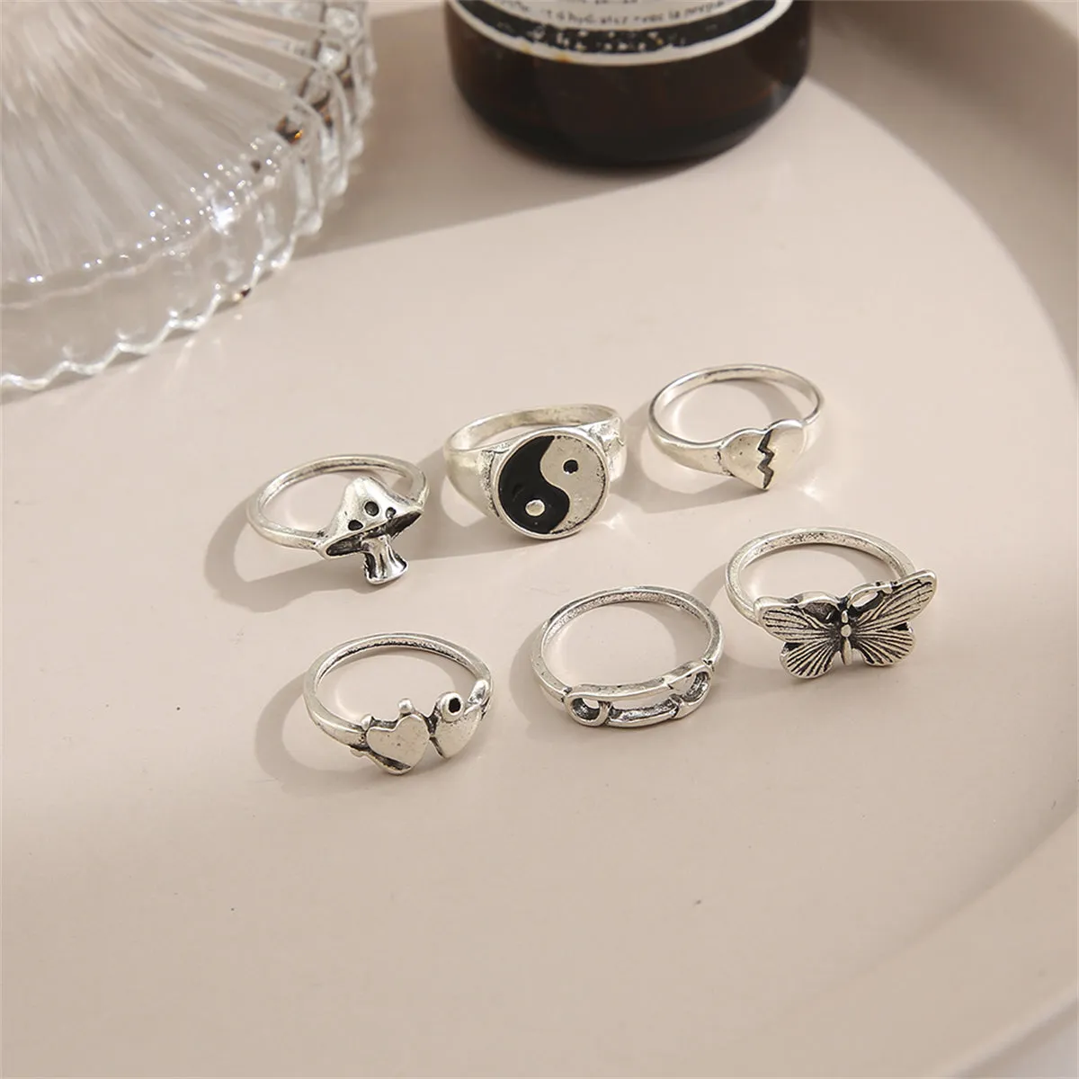 Silver-Plated Oxidized Yin Yang Heart Mushroom Ring Set