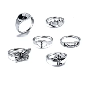 Silver-Plated Oxidized Yin Yang Heart Mushroom Ring Set