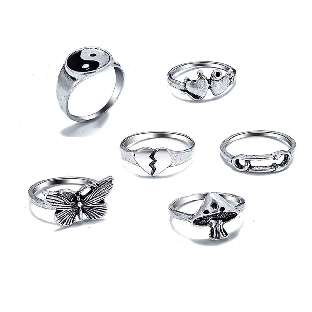 Silver-Plated Oxidized Yin Yang Heart Mushroom Ring Set