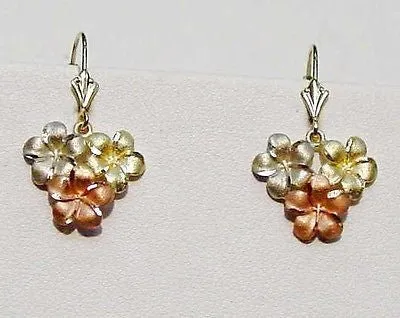 SOLID 14K YELLOW PINK WHITE TRICOLOR GOLD HAWAIIAN PLUMERIA LEVERBACK EARRINGS