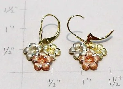 SOLID 14K YELLOW PINK WHITE TRICOLOR GOLD HAWAIIAN PLUMERIA LEVERBACK EARRINGS