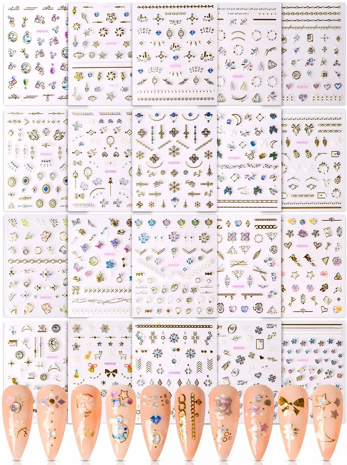 Spearlcable 20 Sheets Nail Art Stickers,3D Self Adhesive Heart Diamond Stars Butterfly Flowers Patterns DIY Nail Decals for Nail Art Decoration (C)