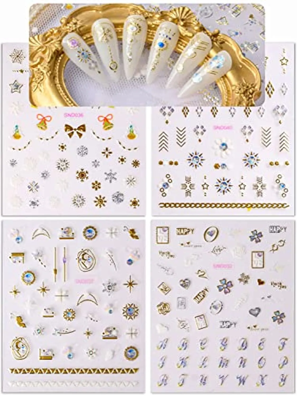 Spearlcable 20 Sheets Nail Art Stickers,3D Self Adhesive Heart Diamond Stars Butterfly Flowers Patterns DIY Nail Decals for Nail Art Decoration (C)