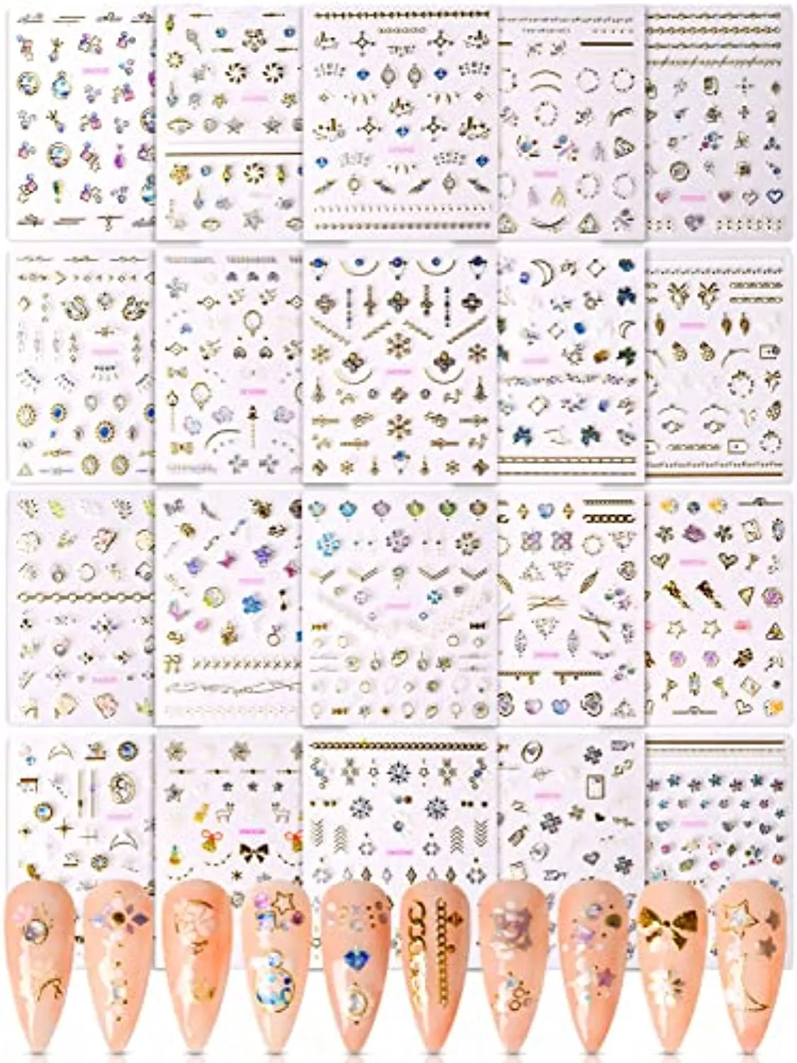 Spearlcable 20 Sheets Nail Art Stickers,3D Self Adhesive Heart Diamond Stars Butterfly Flowers Patterns DIY Nail Decals for Nail Art Decoration (C)