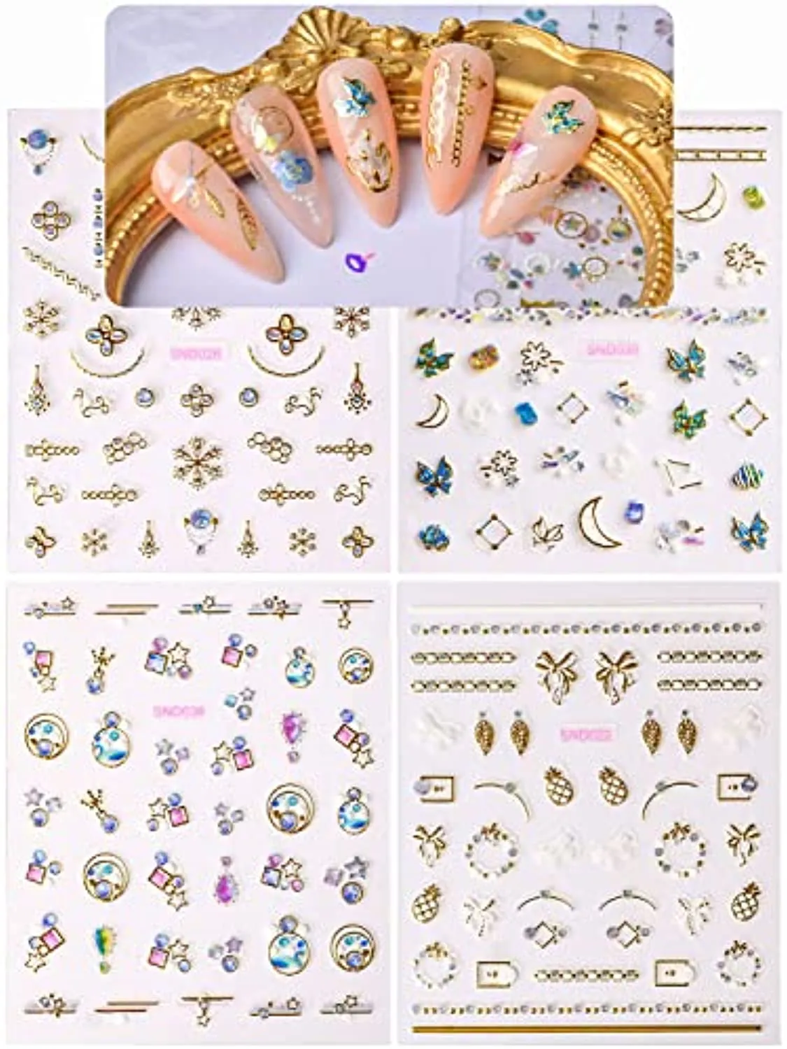 Spearlcable 20 Sheets Nail Art Stickers,3D Self Adhesive Heart Diamond Stars Butterfly Flowers Patterns DIY Nail Decals for Nail Art Decoration (C)