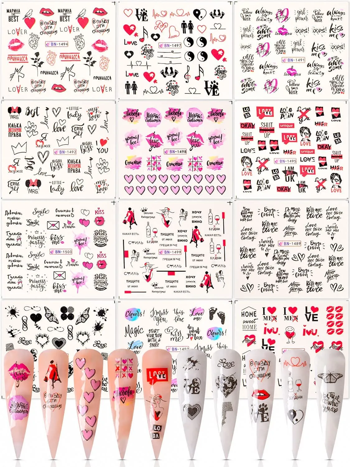 Spearlcable 20 Sheets Nail Art Stickers,3D Self Adhesive Heart Diamond Stars Butterfly Flowers Patterns DIY Nail Decals for Nail Art Decoration (C)