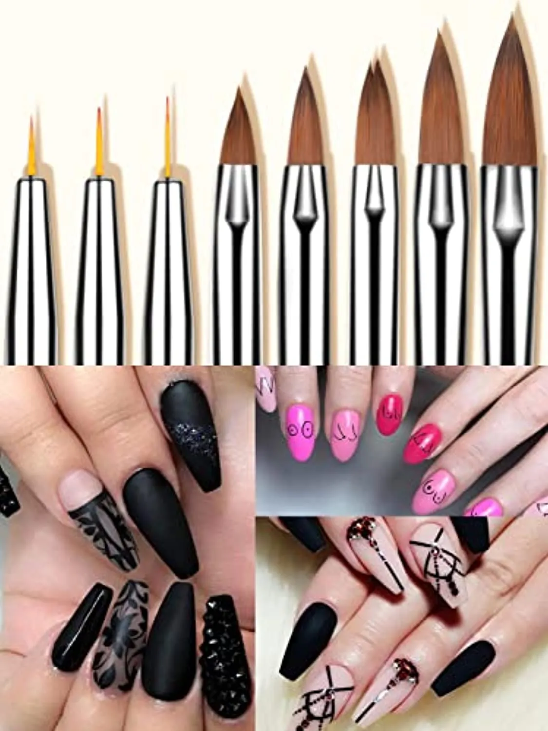 Spearlcable 8 Pieces Acrylic Nail Brush Set Nail Art Liner Brushes Gel Polish Painting Design Pen Rhinestone Handles for Nail Salon Home DIY (A)