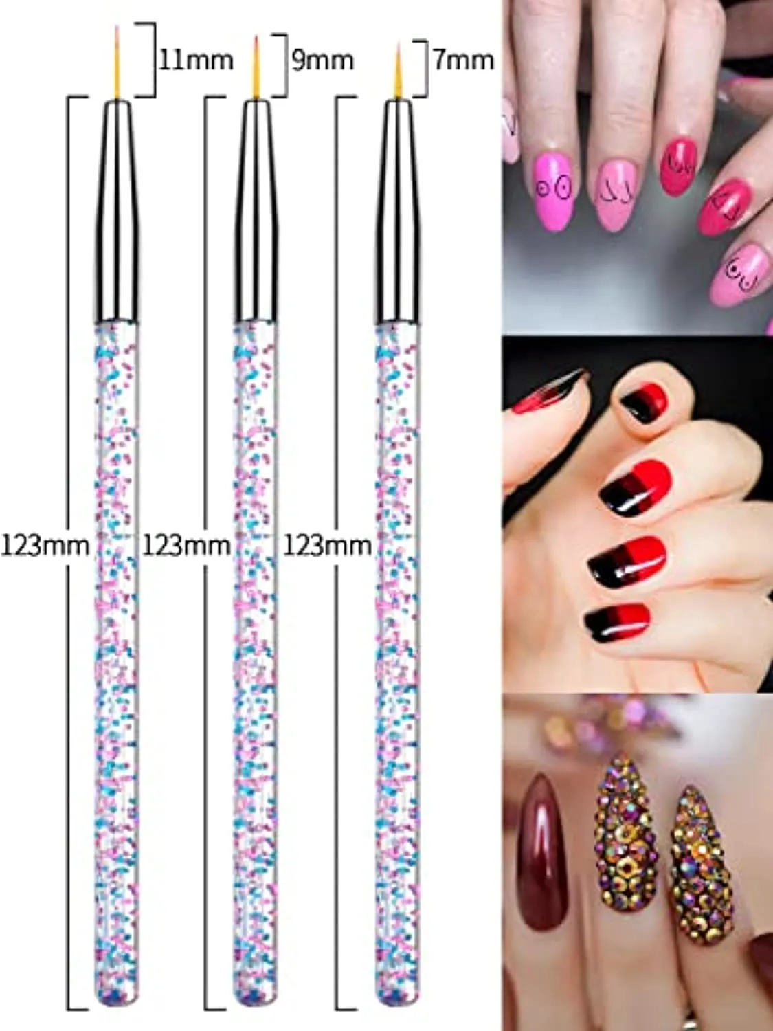 Spearlcable 8 Pieces Acrylic Nail Brush Set Nail Art Liner Brushes Gel Polish Painting Design Pen Rhinestone Handles for Nail Salon Home DIY (A)