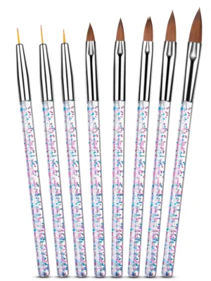 Spearlcable 8 Pieces Acrylic Nail Brush Set Nail Art Liner Brushes Gel Polish Painting Design Pen Rhinestone Handles for Nail Salon Home DIY (A)