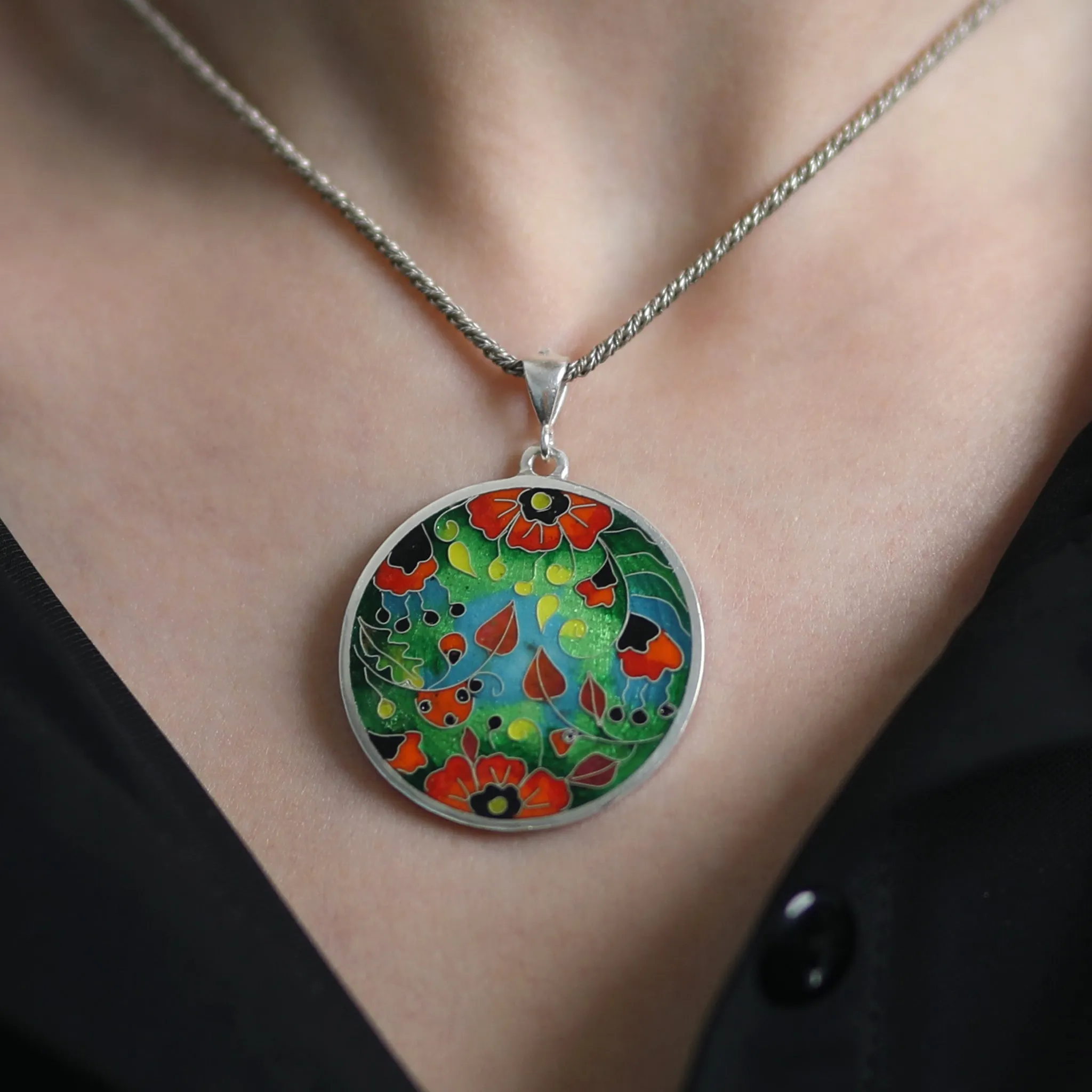 Sterling Silver and Enamel Poppies Pendant