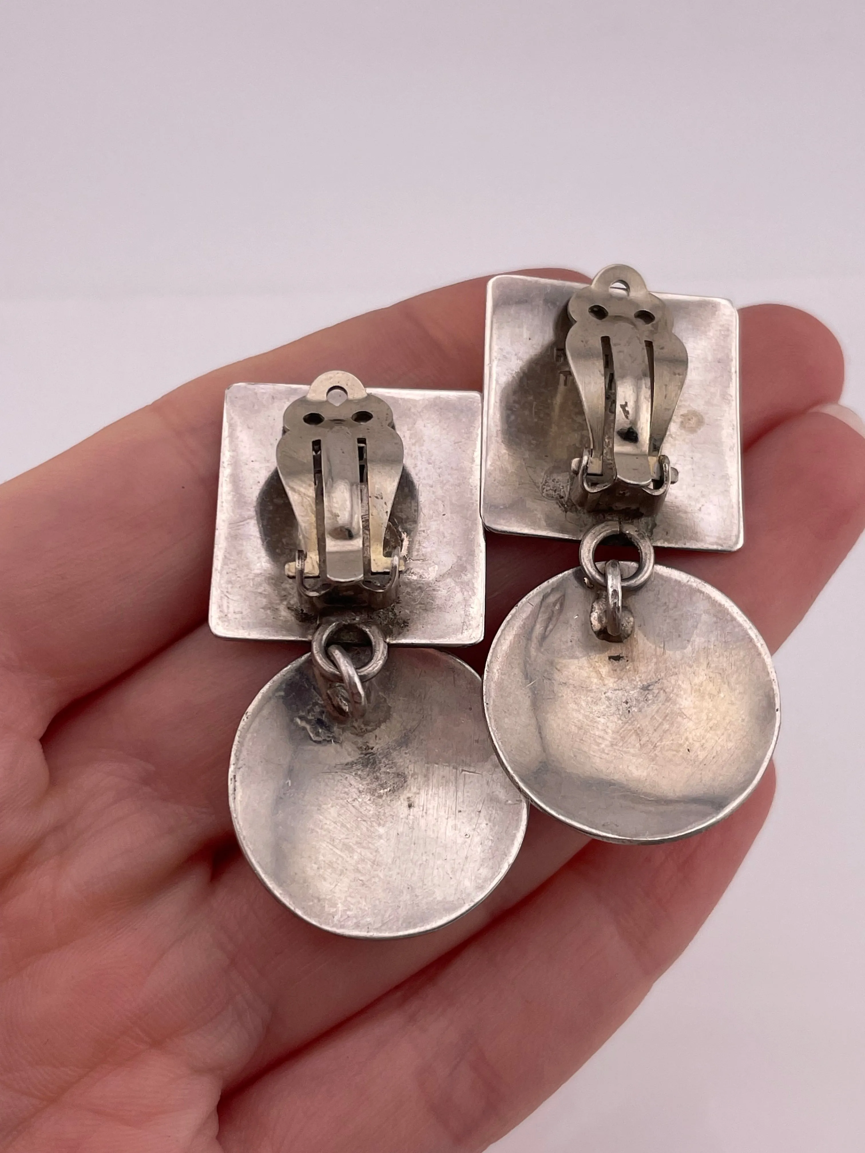 sterling silver Mexican modern geometric clip on dangle earrings
