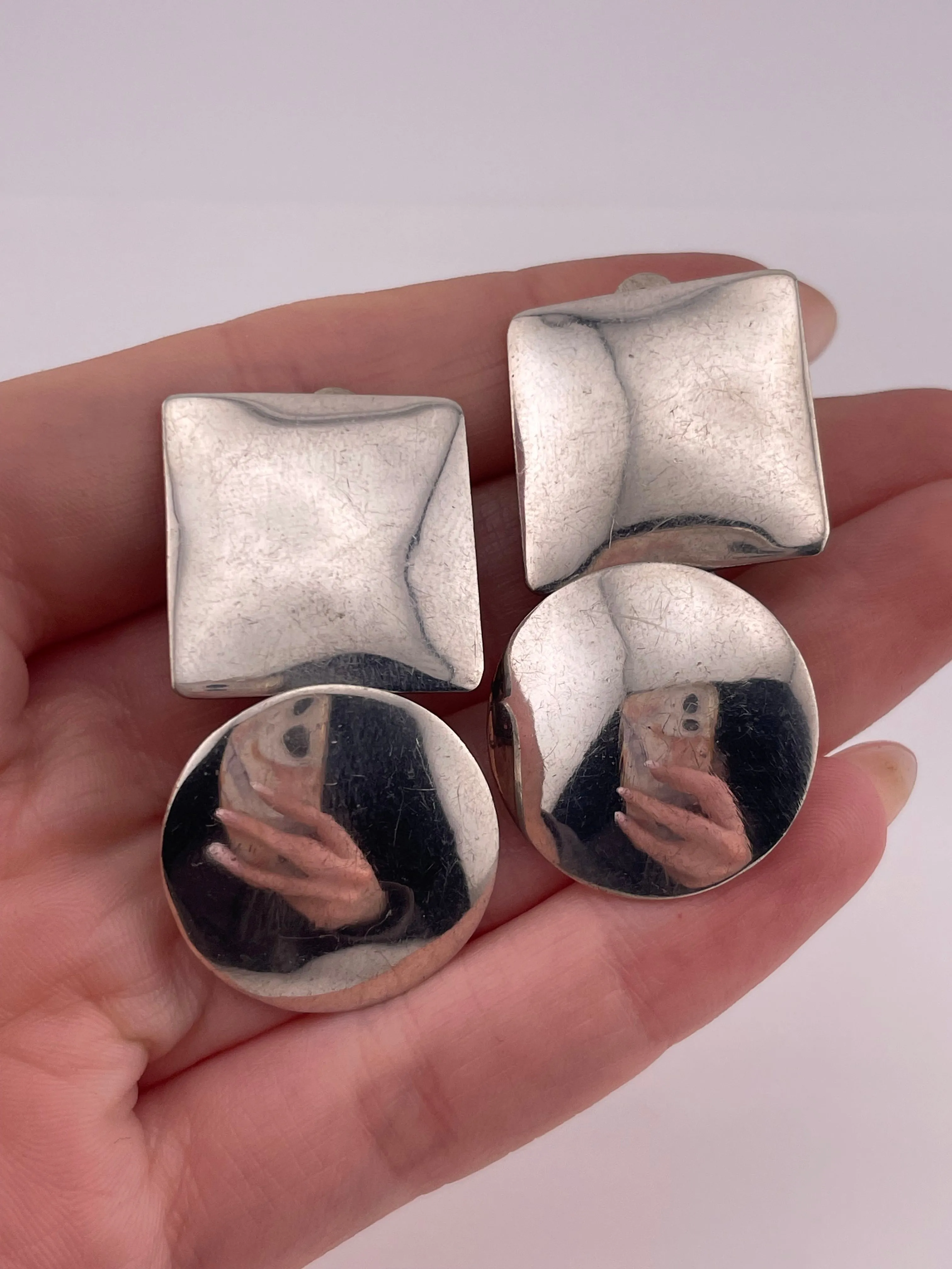 sterling silver Mexican modern geometric clip on dangle earrings