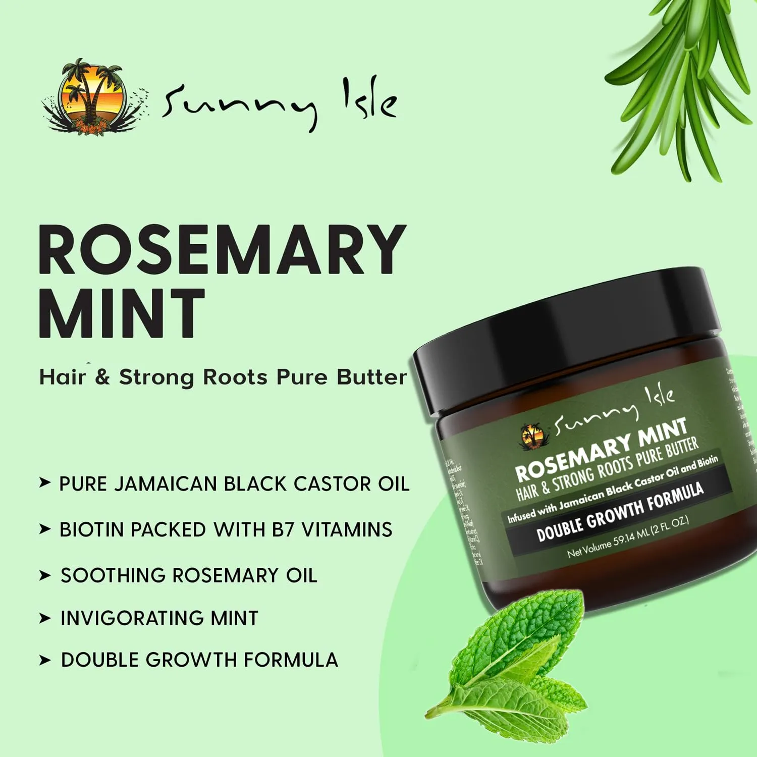 Sunny Isle Rosemary Mint Hair and Strong Roots Butter 4oz, Infused with Biotin & Jamaican Black Castor Oil to Strengthen and Nourish Hair, Dry Scalp, Split Ends