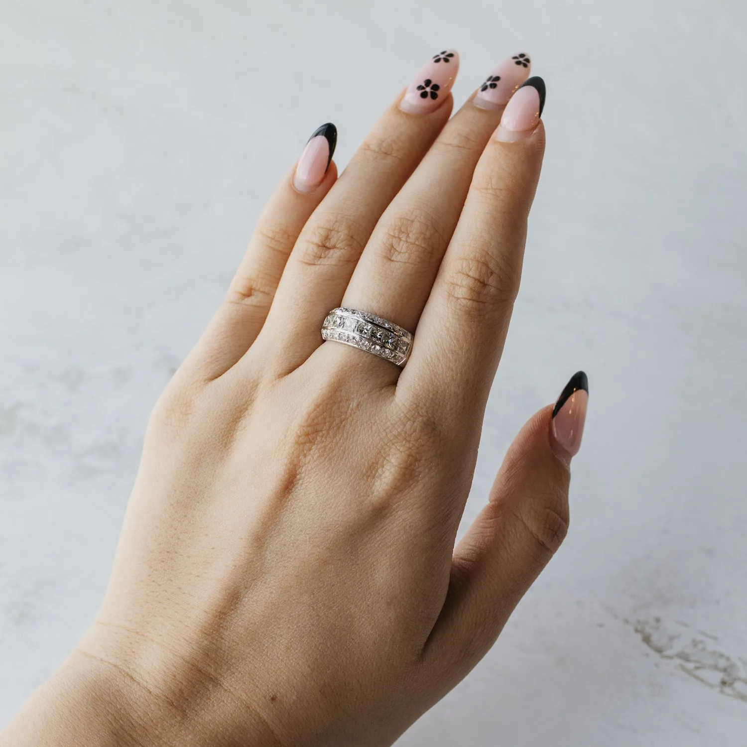 Three Line Round Brilliant and Princess Cut Diamond Ring