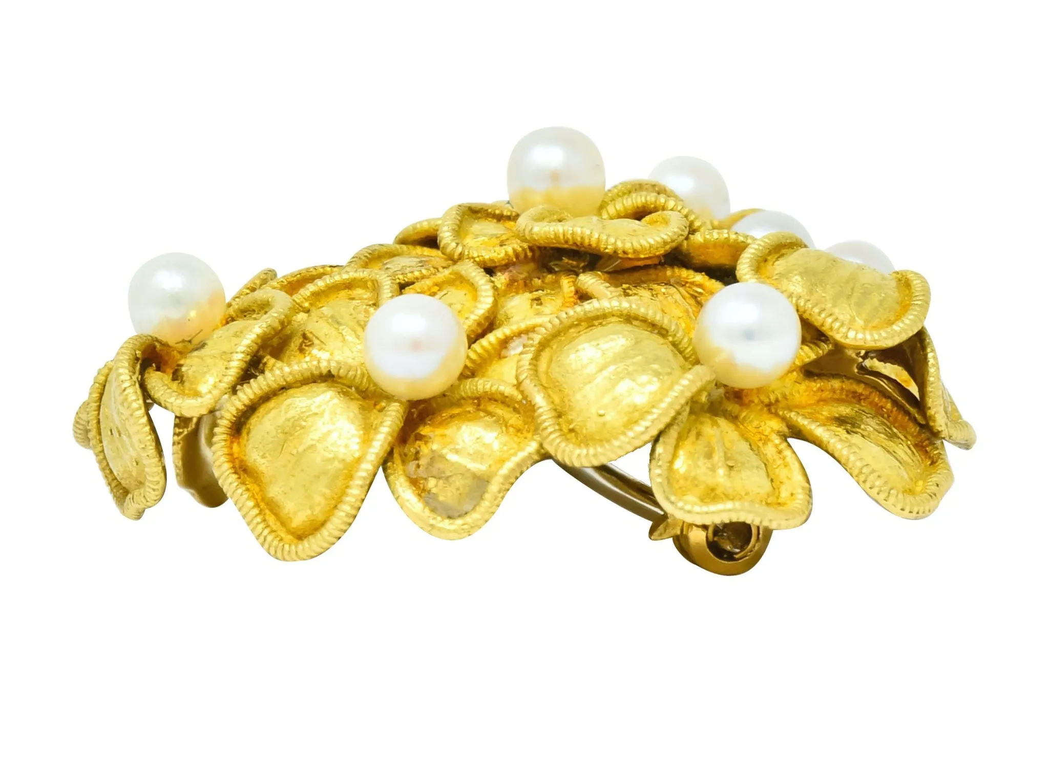Tiffany & Co. Vintage 1970 Pearl 18 Karat Gold Floral Heart Brooch