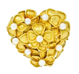 Tiffany & Co. Vintage 1970 Pearl 18 Karat Gold Floral Heart Brooch