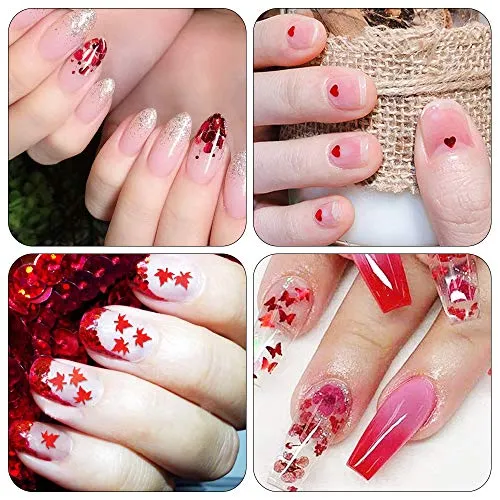 Valentine's Day 3D Red Holographic Nail Sequins, Butterfly Star Moon Assorted Pattern Flakes Glitter
