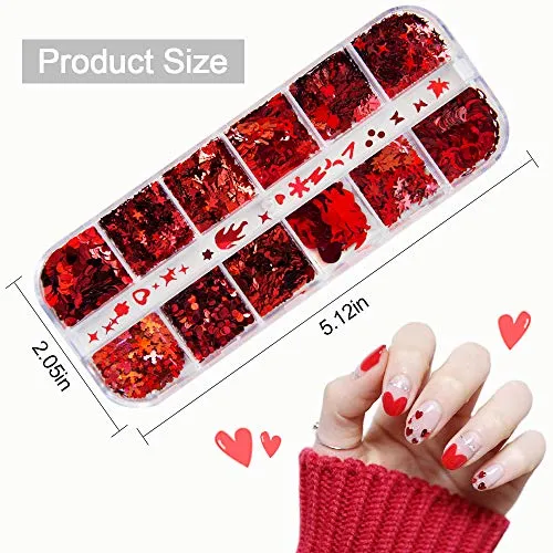 Valentine's Day 3D Red Holographic Nail Sequins, Butterfly Star Moon Assorted Pattern Flakes Glitter