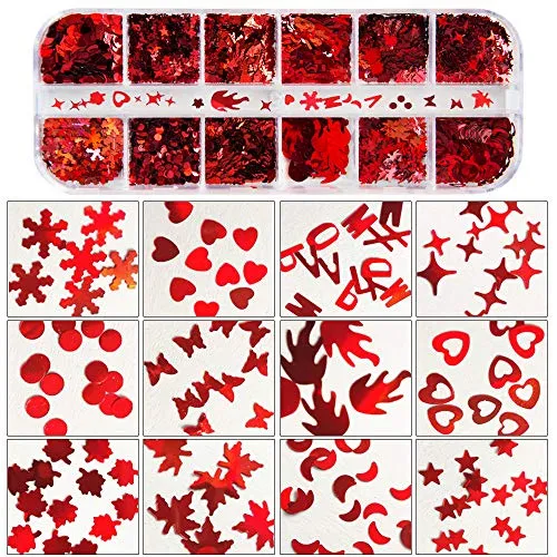Valentine's Day 3D Red Holographic Nail Sequins, Butterfly Star Moon Assorted Pattern Flakes Glitter