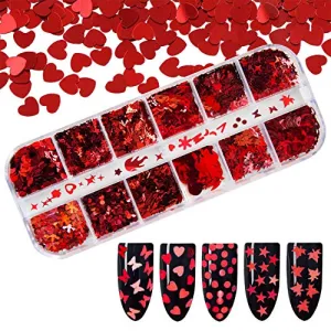 Valentine's Day 3D Red Holographic Nail Sequins, Butterfly Star Moon Assorted Pattern Flakes Glitter