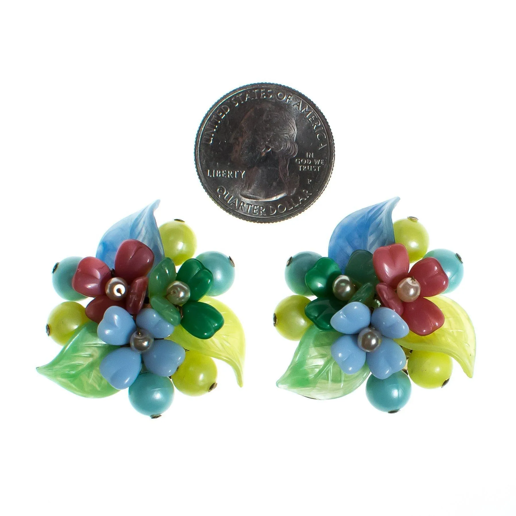 Vintage 1940s Pastel Pink Blue Yellow Green Glass Flower Earrings