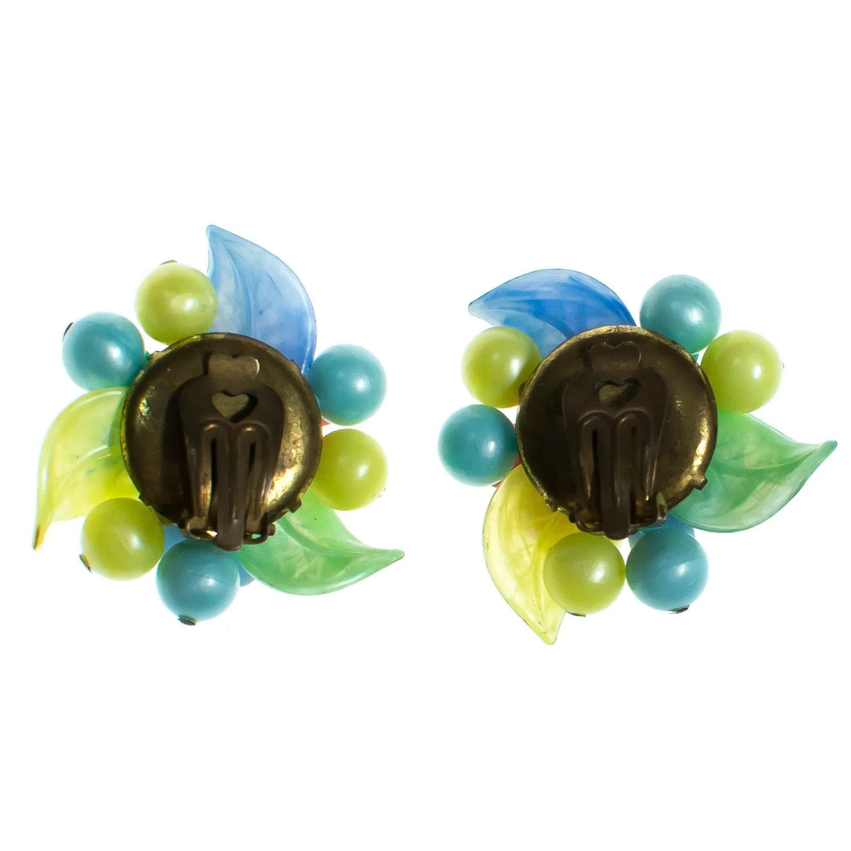 Vintage 1940s Pastel Pink Blue Yellow Green Glass Flower Earrings