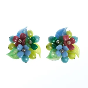Vintage 1940s Pastel Pink Blue Yellow Green Glass Flower Earrings