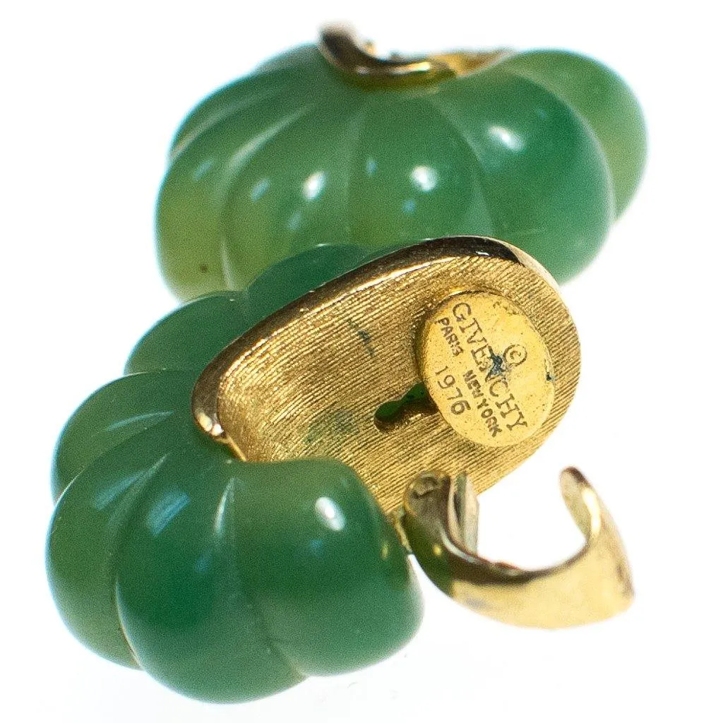 Vintage 1970s Givenchy Couture Light Green Bakelite Domed Fluted Cabochon Modernist Statement Earrings