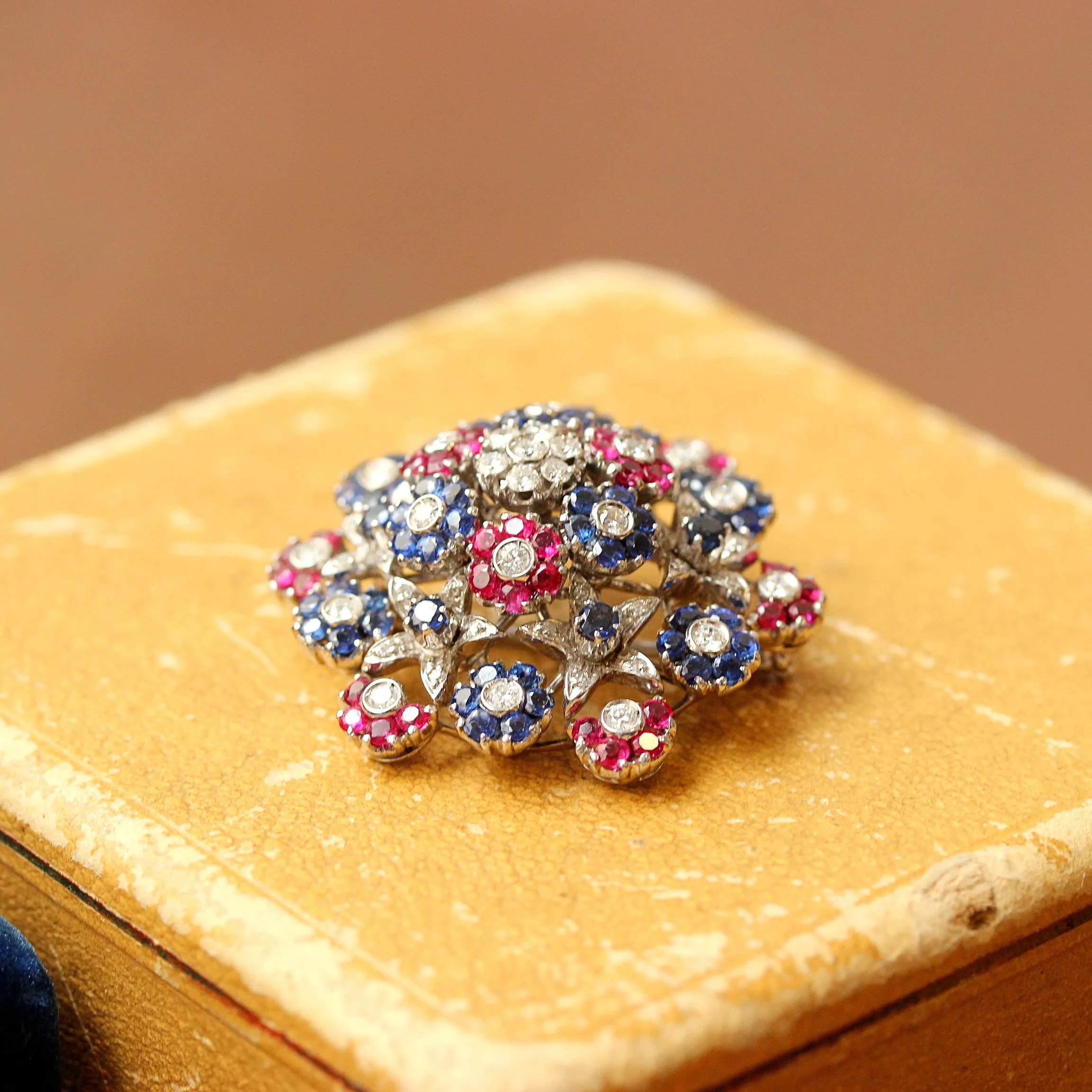 Vintage En Tremblant Flower Pin with Rubies, Sapphires & Diamonds, 18k