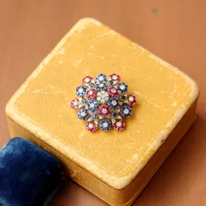 Vintage En Tremblant Flower Pin with Rubies, Sapphires & Diamonds, 18k
