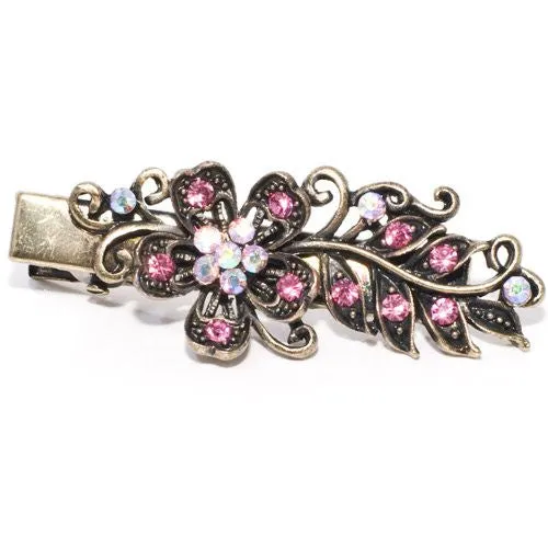 Vintage Gilt Pink Crystal Flower on Gold Metal Beak Clip - 1 Piece