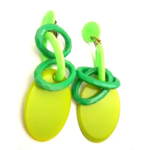 Vintage Greens Plastic Link Drop Earrings Clip Style 1960s