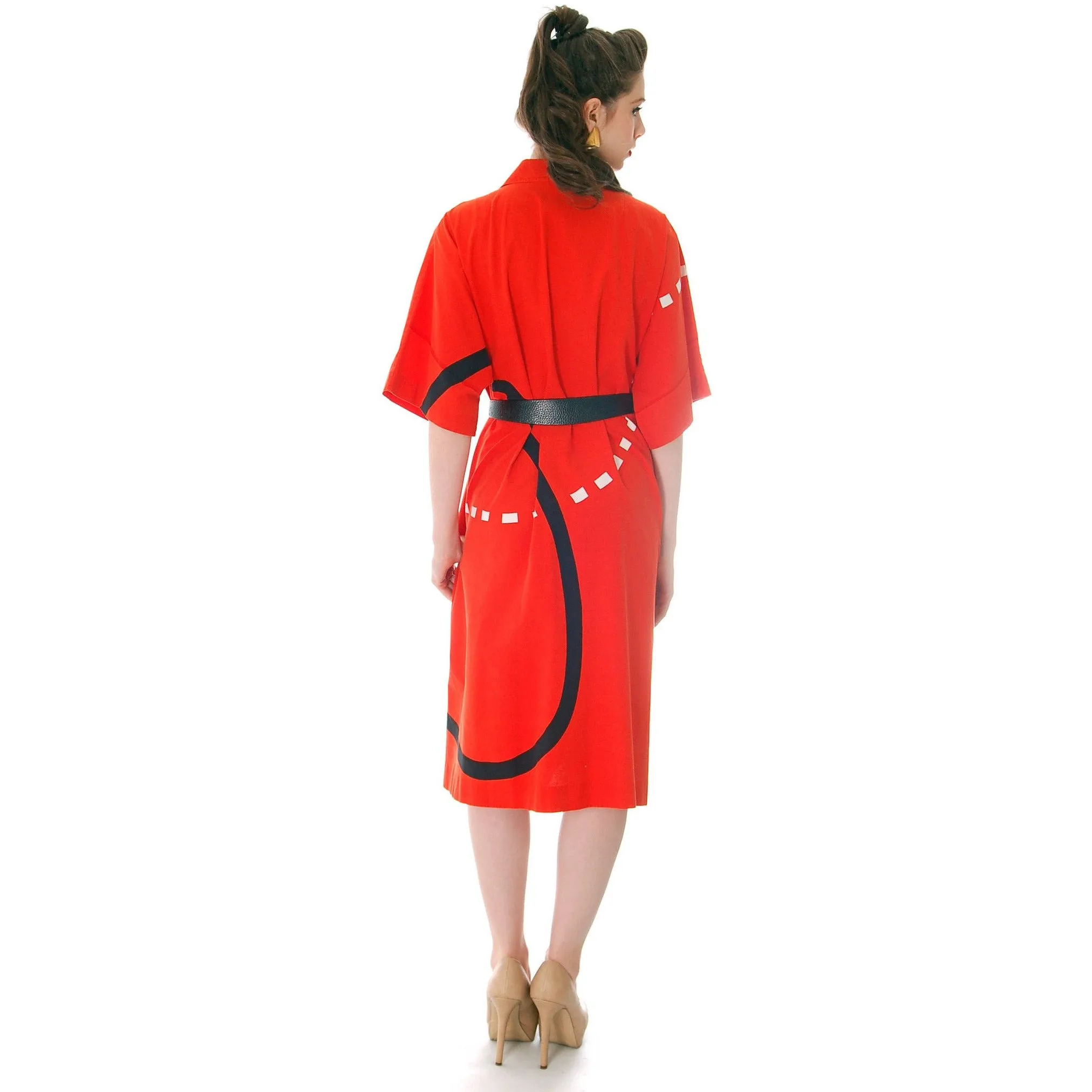 Vintage Marimekko Shirt Dress Bold  Print 1976 Orange & Black Cotton Sz Pentti Rinta