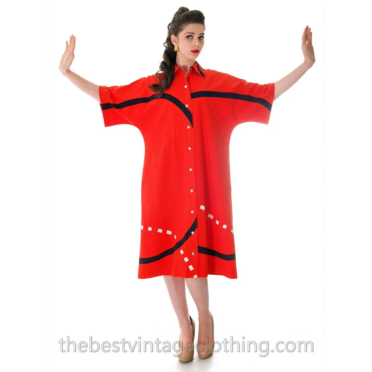 Vintage Marimekko Shirt Dress Bold  Print 1976 Orange & Black Cotton Sz Pentti Rinta