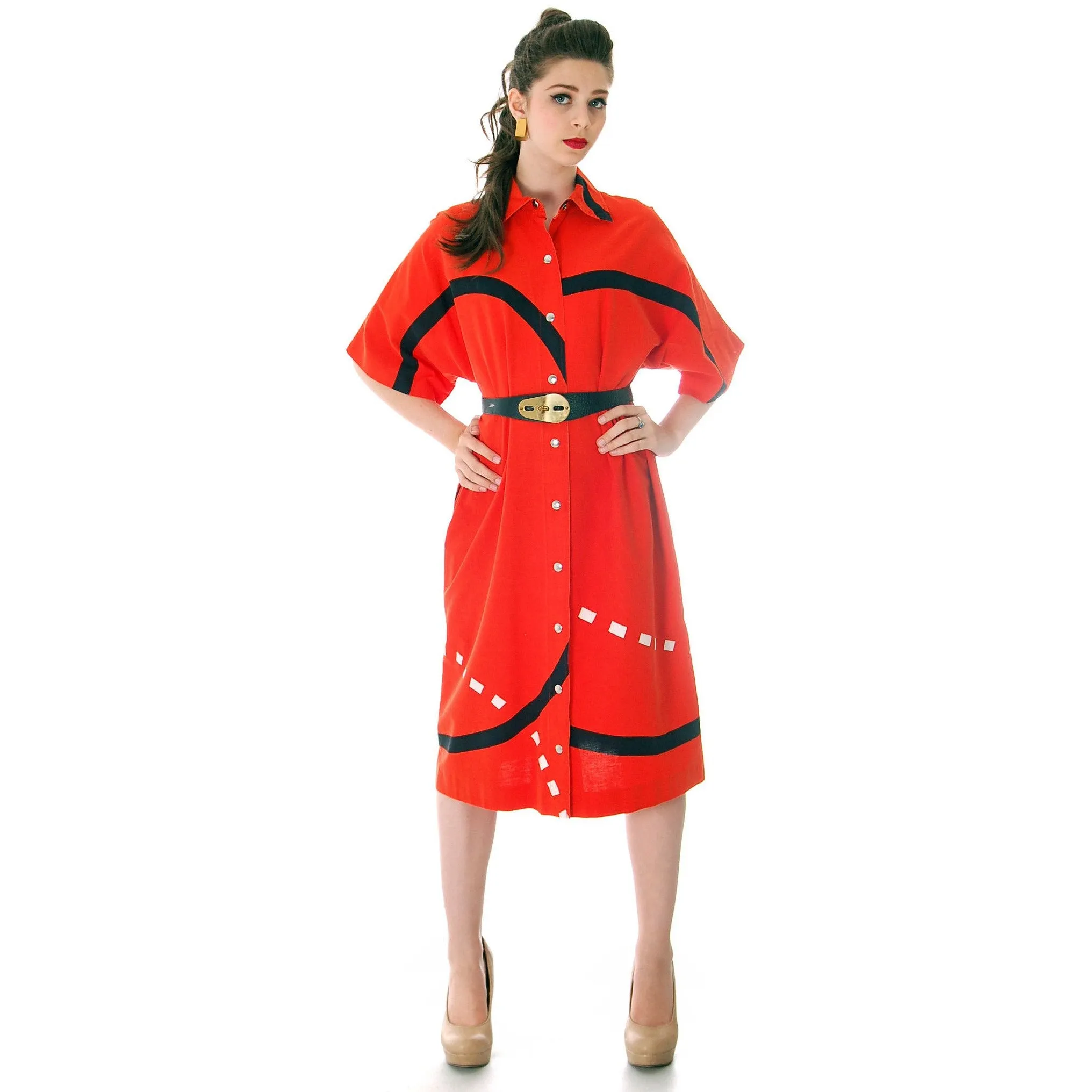 Vintage Marimekko Shirt Dress Bold  Print 1976 Orange & Black Cotton Sz Pentti Rinta